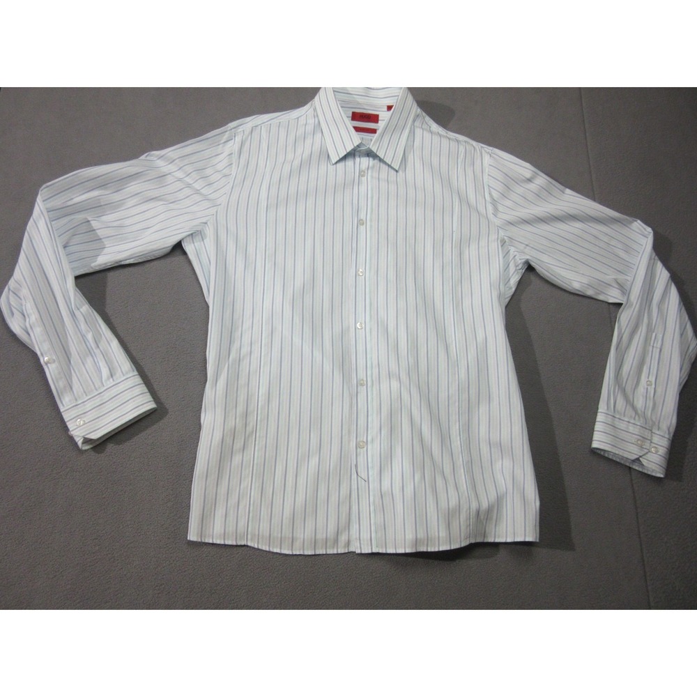 Hugo Boss Shirt Mens 2XL White Blue Striped Slim Line Preppy Button Up